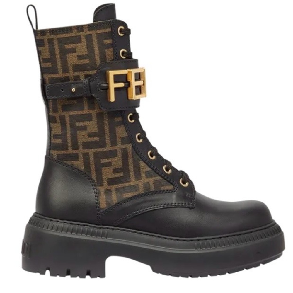 Fendi Black and Brown Logo Combat Boots